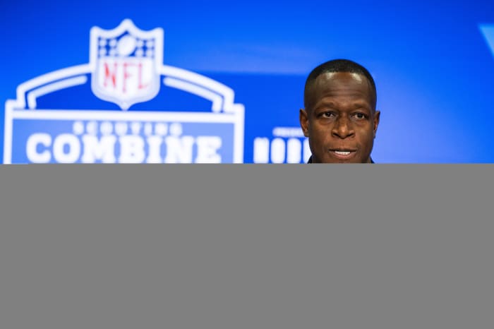 Feb 27, 2024; Indianapolis, IN, USA; Atlanta Falcons head coach Raheem Morris talks to the media at the 2024 NFL Combine at Indiana Convention Center.
